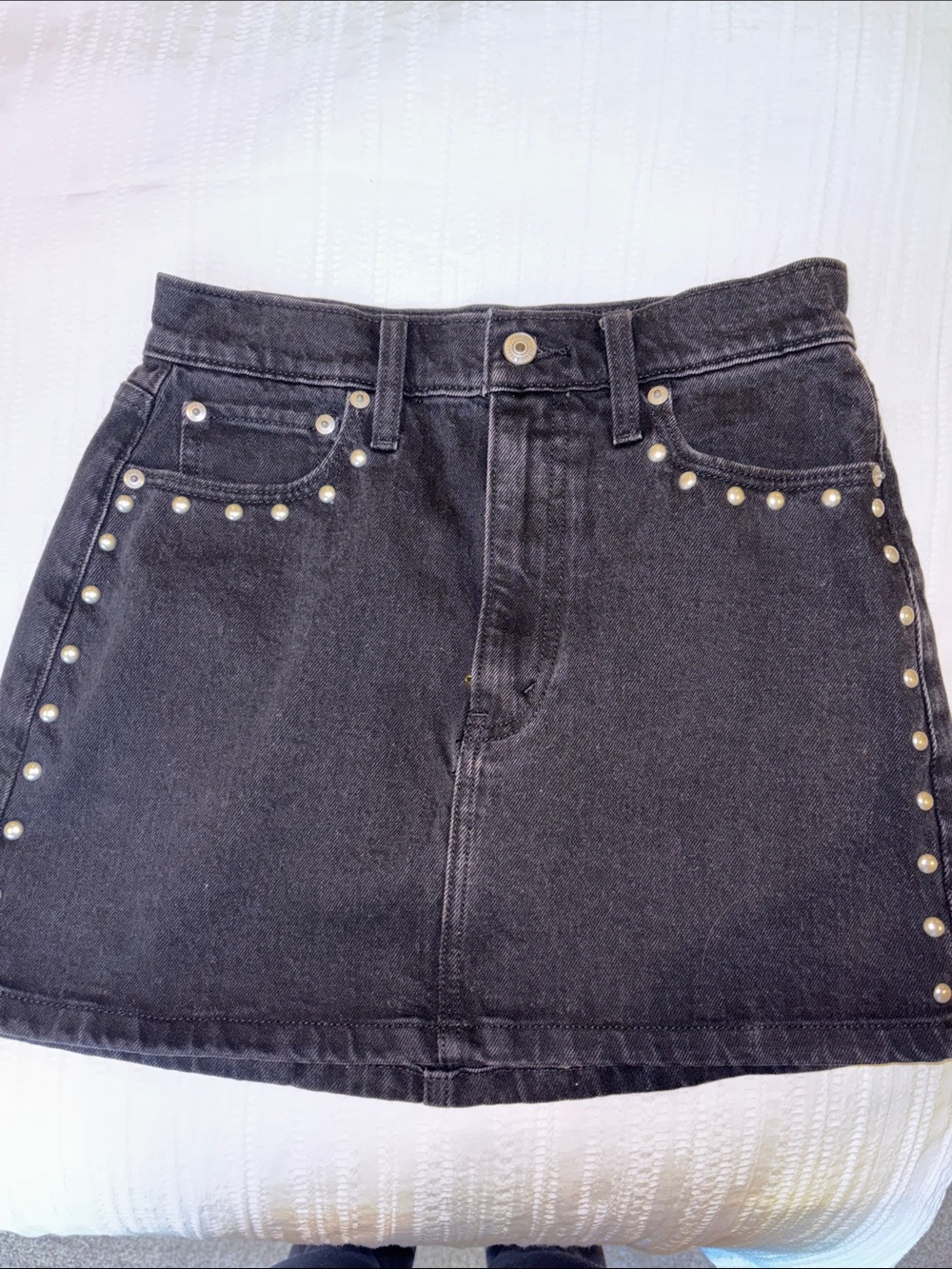 Abercrombie & Fitch Black Denim Mini Skirt with Pearl Studs